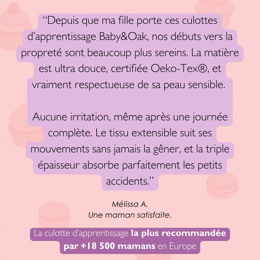 Avis d'une maman sur les culottes d’apprentissage Baby&Oak certifiées Oeko-Tex, mettant en avant la douceur, la sécurité pour la peau sensible de bébé, et l'efficacité contre les petits accidents.