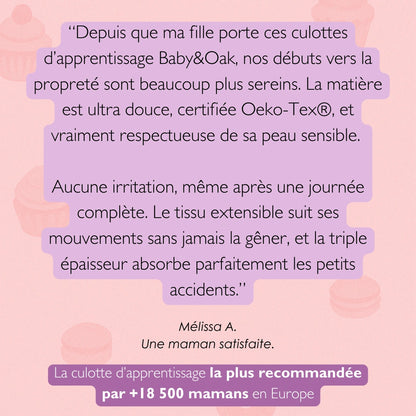 Avis d'une maman sur les culottes d’apprentissage Baby&Oak certifiées Oeko-Tex, mettant en avant la douceur, la sécurité pour la peau sensible de bébé, et l'efficacité contre les petits accidents.