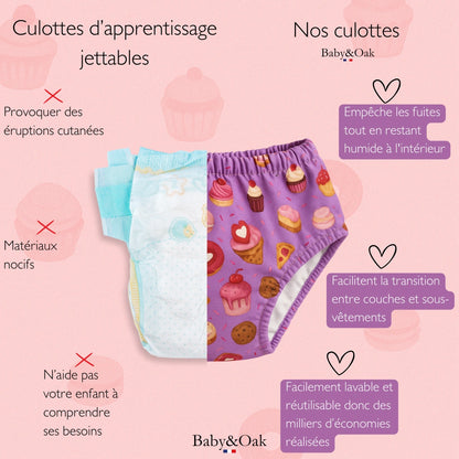 Comparaison visuelle entre une culotte d’apprentissage jetable et la culotte réutilisable Baby&Oak à motifs de desserts pour bébé