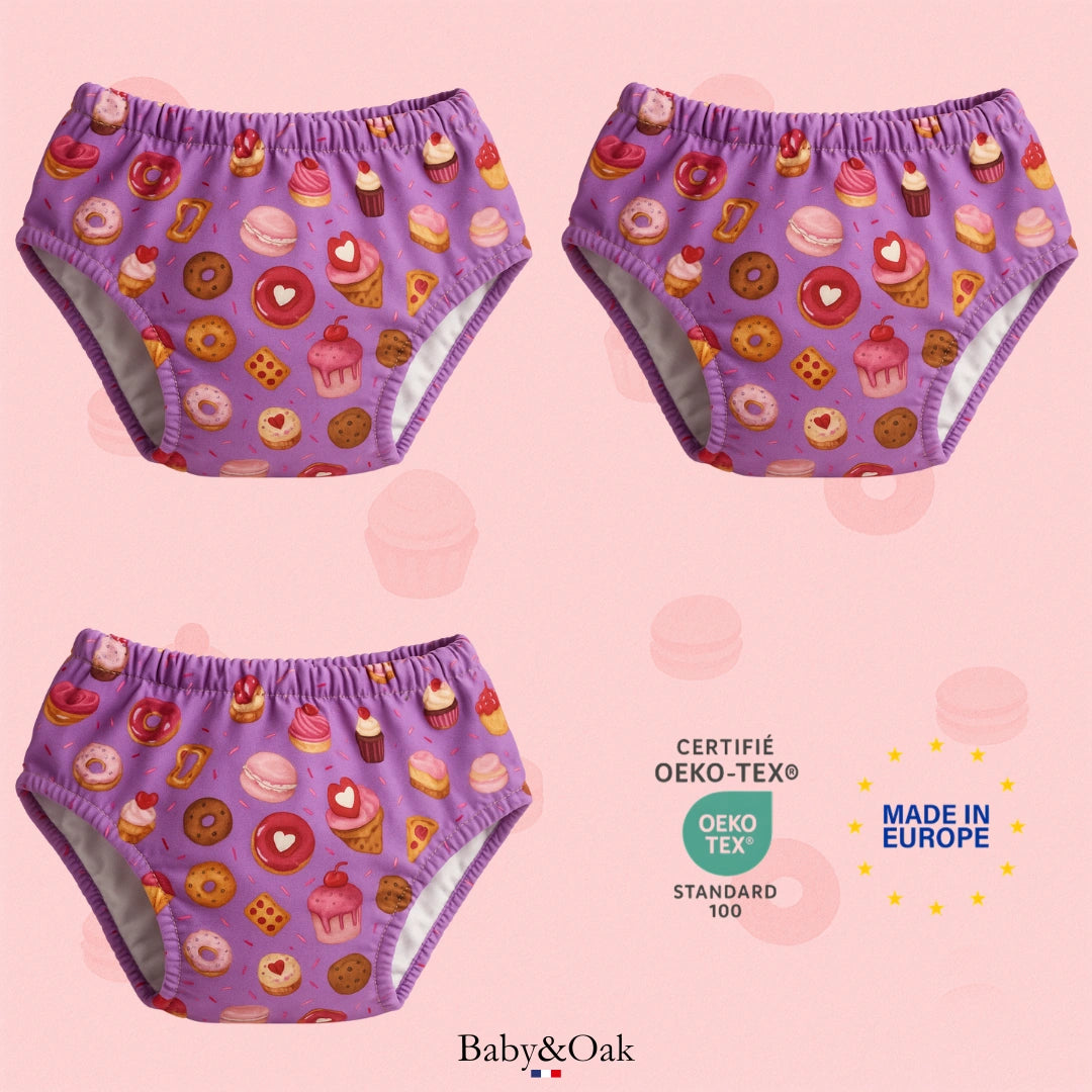 Lot de culottes d'apprentissage bébé Baby&Oak violettes à motifs desserts, certifiées Oeko-Tex et fabriquées en Europe