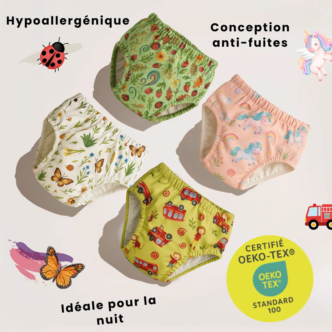 Enfin une culotte Oeko-Tex® conçue pour aider votre enfant à devenir propre le jour et la nuit 🍭