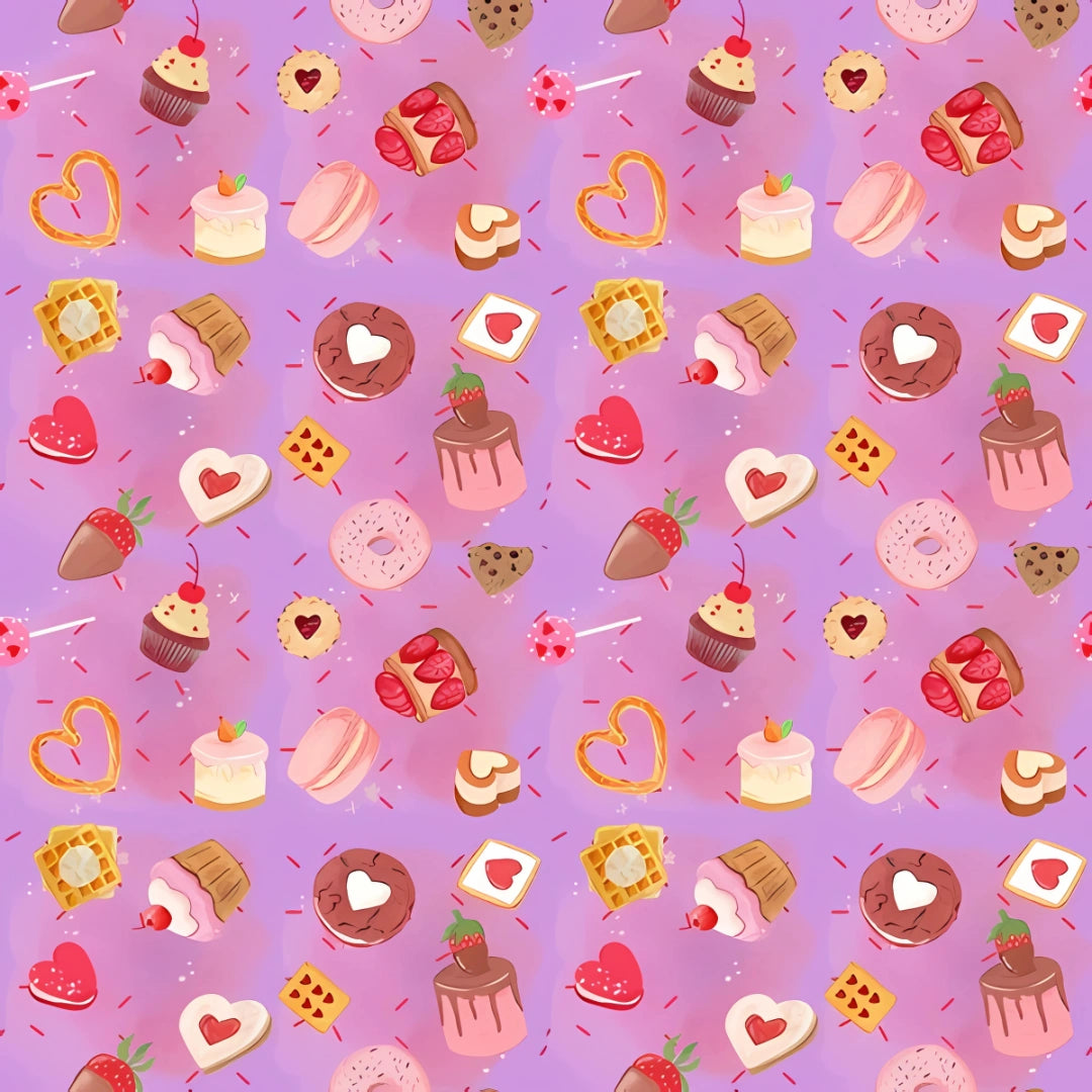 Motif illustré violet avec pâtisseries, macarons, gâteaux et cœurs, utilisé pour les culottes d'apprentissage Baby&Oak