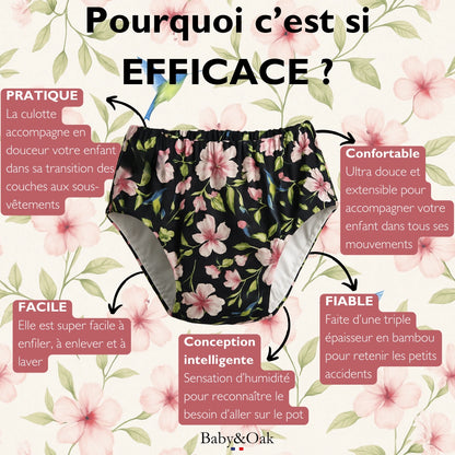 Pack Économique de 3 Culottes d'Apprentissage Réutilisables Jour + Nuit Oeko-Tex® - Motifs Fleurs